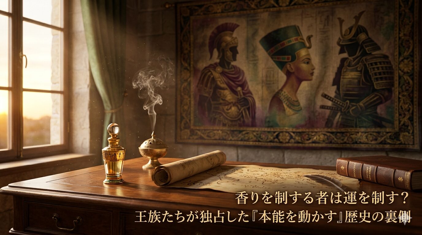 歴史的な香炉から煙が立ち上るデスクと、背景にナポレオン、クレオパトラ、日本の武士が描かれた、香りと運命を象徴する幻想的なアイキャッチ画像。