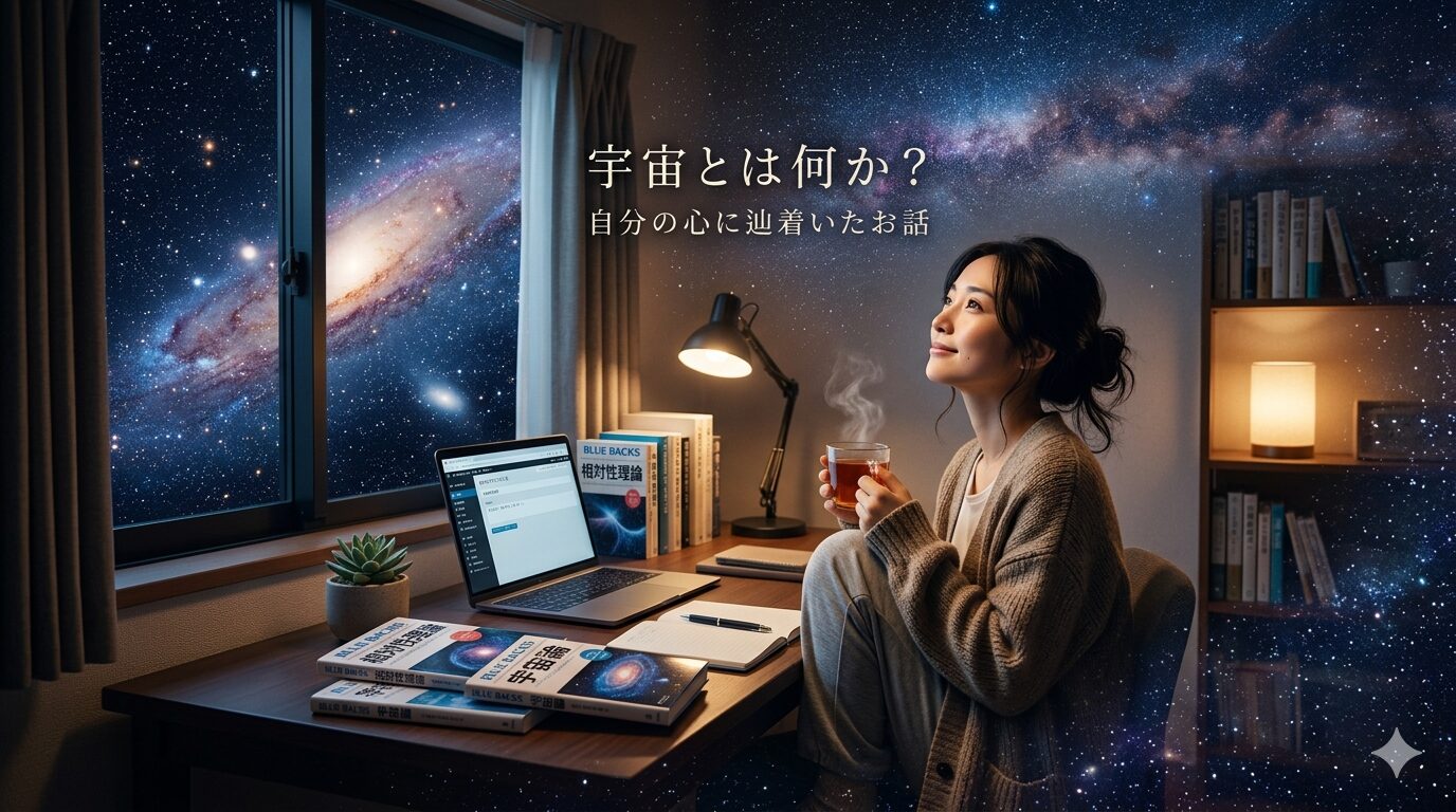 温かいお茶を飲みながら窓辺のデスクでくつろぐ女性と、その想像から部屋全体に広がる神秘的で美しい満天の星空や銀河のアイキャッチ画像。「宇宙とは何か？」というブログタイトルが中央に書かれている。
