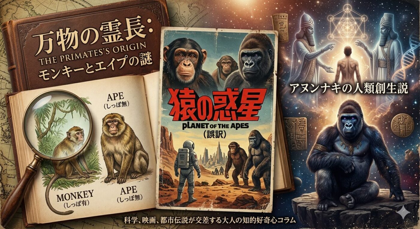 「霊長類」の意味と「猿の惑星」の裏話、アヌンナキの都市伝説をまとめた3列構成のアイキャッチ画像。左に「モンキーとエイプの違い（しっぽ有無）」の博物図鑑、中央に『猿の惑星』のレトロな映画ポスターと「誤訳」の文字、右にゴリラとアヌンナキが描かれた宇宙と遺伝子操作の都市伝説が並ぶ。