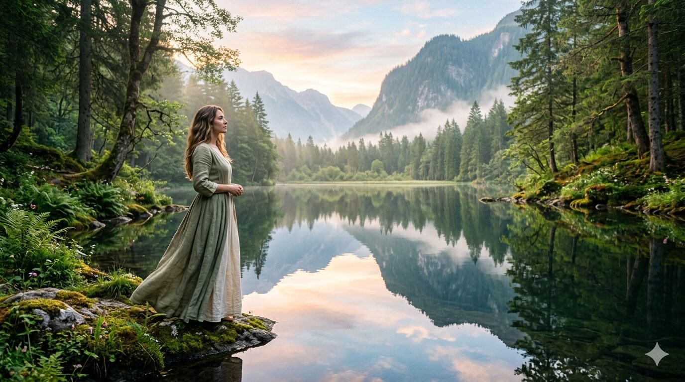 鏡の法則。高い山の近くに綺麗な湖がある。湖の水面には山が映し出されている。美しい女性が湖で景色を静かに見守っている。
