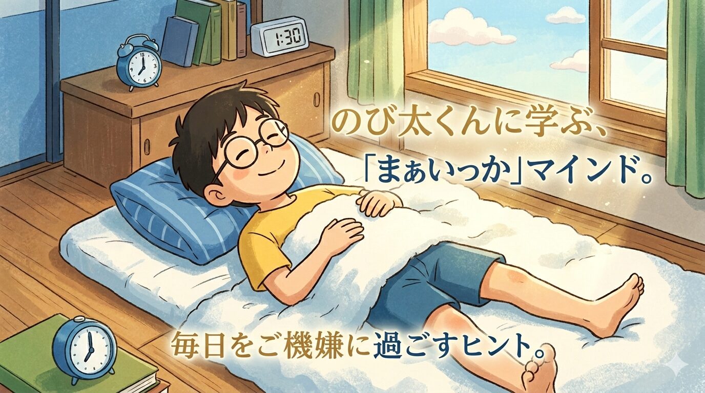 明るい日差しの差し込む和室で、丸メガネをかけた男の子が幸せそうな笑顔で昼寝をしているイラスト。青い枕と布団、枕元の目覚まし時計、窓の外に見える青空と雲が、のび太くんのような穏やかでご機嫌なマインドとリラックスした時間を表現している。