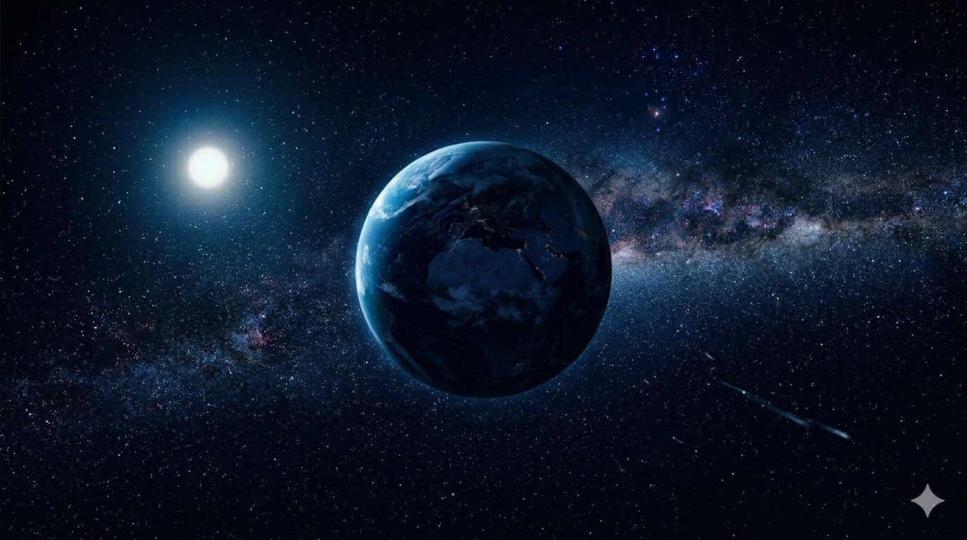 深い宇宙の闇に孤立して浮かぶ地球。月の光がまったくないため、地球の夜景はさらに暗く、冷たい。背景には広大な天の川と遠い太陽が見え、月が存在しないことによる静かな孤独感と寂しい雰囲気が漂っている。