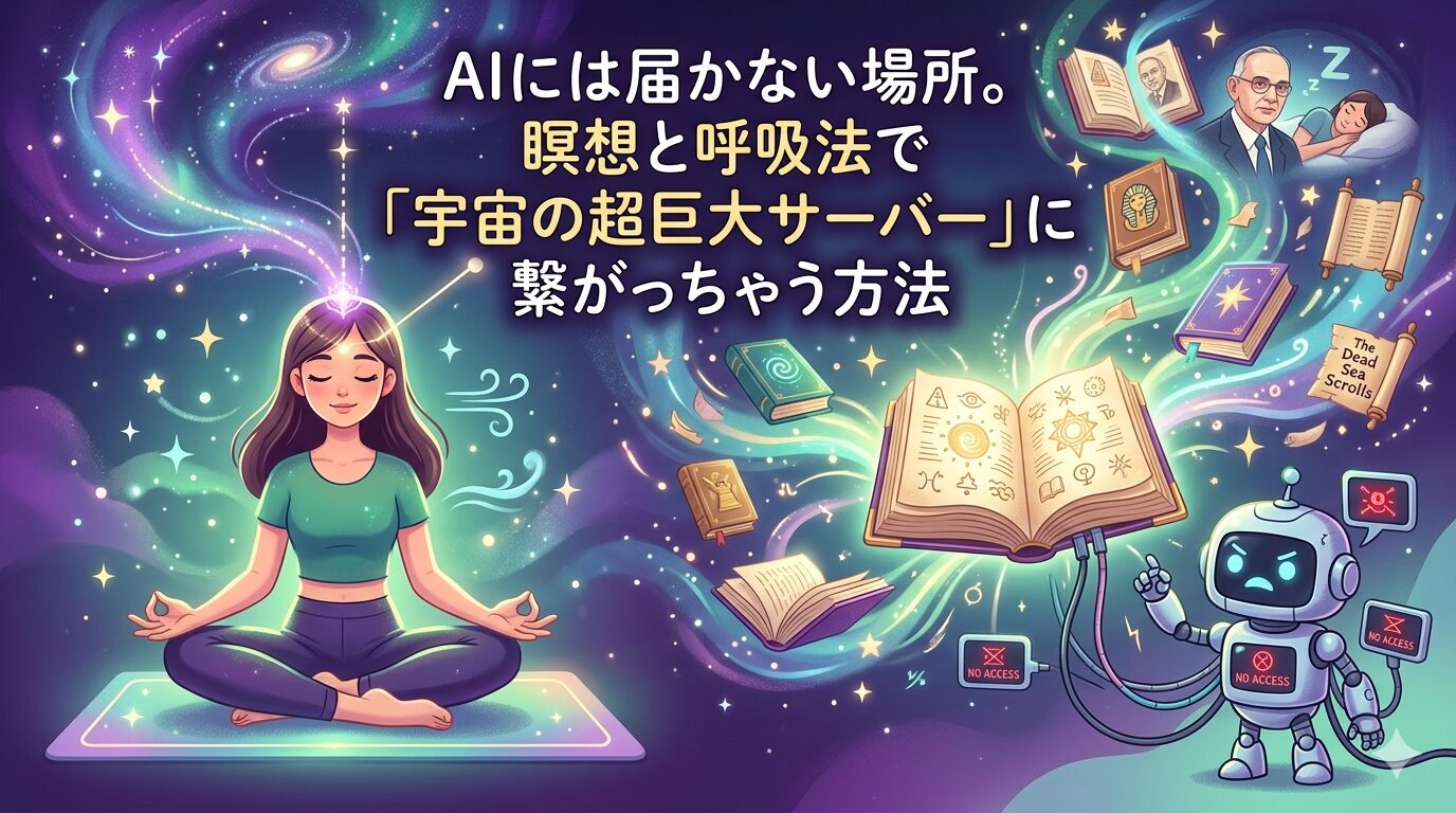 「瞑想する女性と、隣で拗ねる小さなAIロボットのイラスト。女性は目を閉じて穏やかに座っており、頭上から宇宙のエネルギーが流れ込んでいる。右側では、浮遊する巨大な『宇宙の記憶（アカシックレコード）』の書物からAIロボットが拒否され、腕を組んで不満げな表情を浮かべている。背景は神秘的な宇宙の星々。」