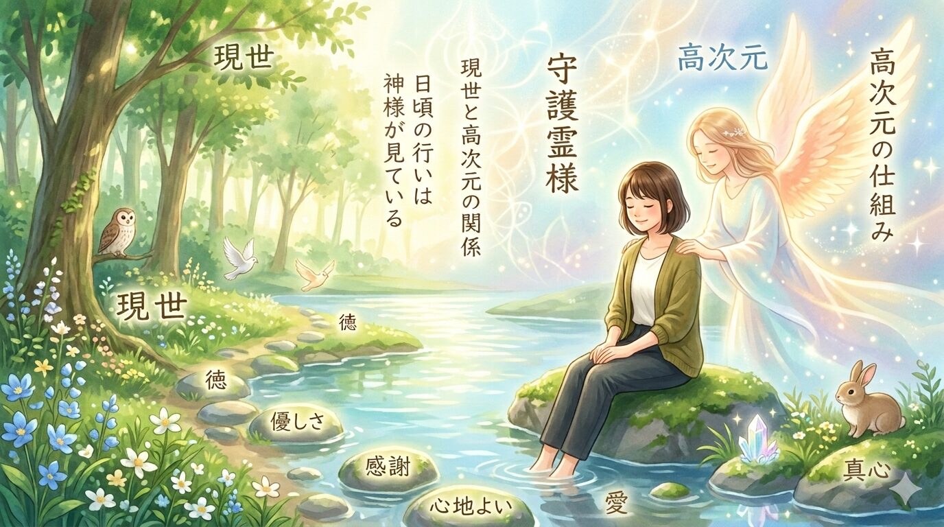 現世と高次元の関係を象徴する、優しさあふれるスピリチュアルなイラスト。森の川辺に座る女性を、光輝く守護霊様が隣で見守っている。画像中央には「日頃の行いは神様が見ている」という日本語テキストがあり、高次元の存在や仕組み、そして「徳」や「感謝」と書かれた光る石が、見えない力に応援される生き方を表現している。