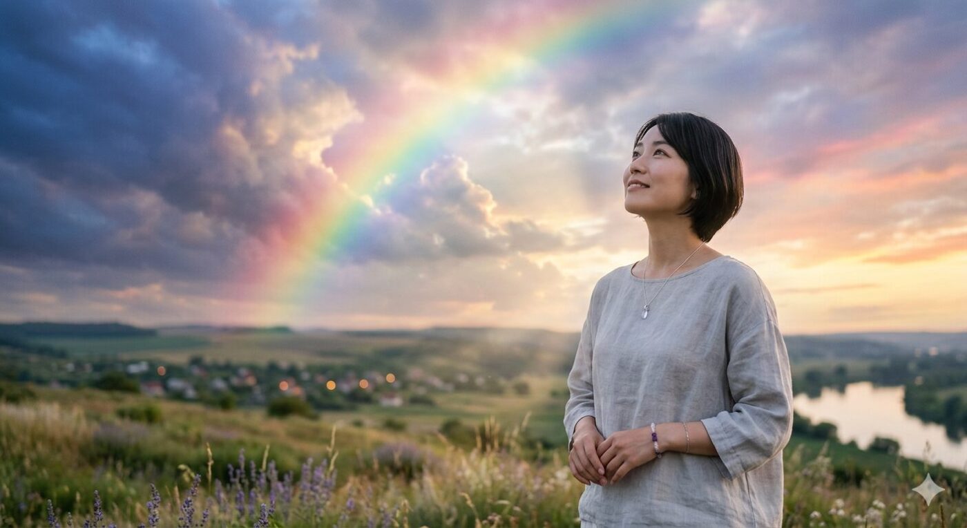 夕暮れ時に綺麗な虹が現れる。凄く素敵な気分になった。