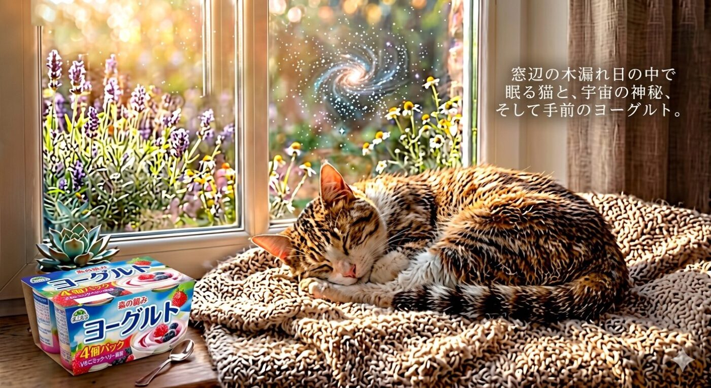 昼ご飯を食べたいうちの猫が気持ちよさそうに眠り始めた。その頭の上には、宇宙の銀河あり、左には腸内細菌の元のヨーグルトが置かれている。