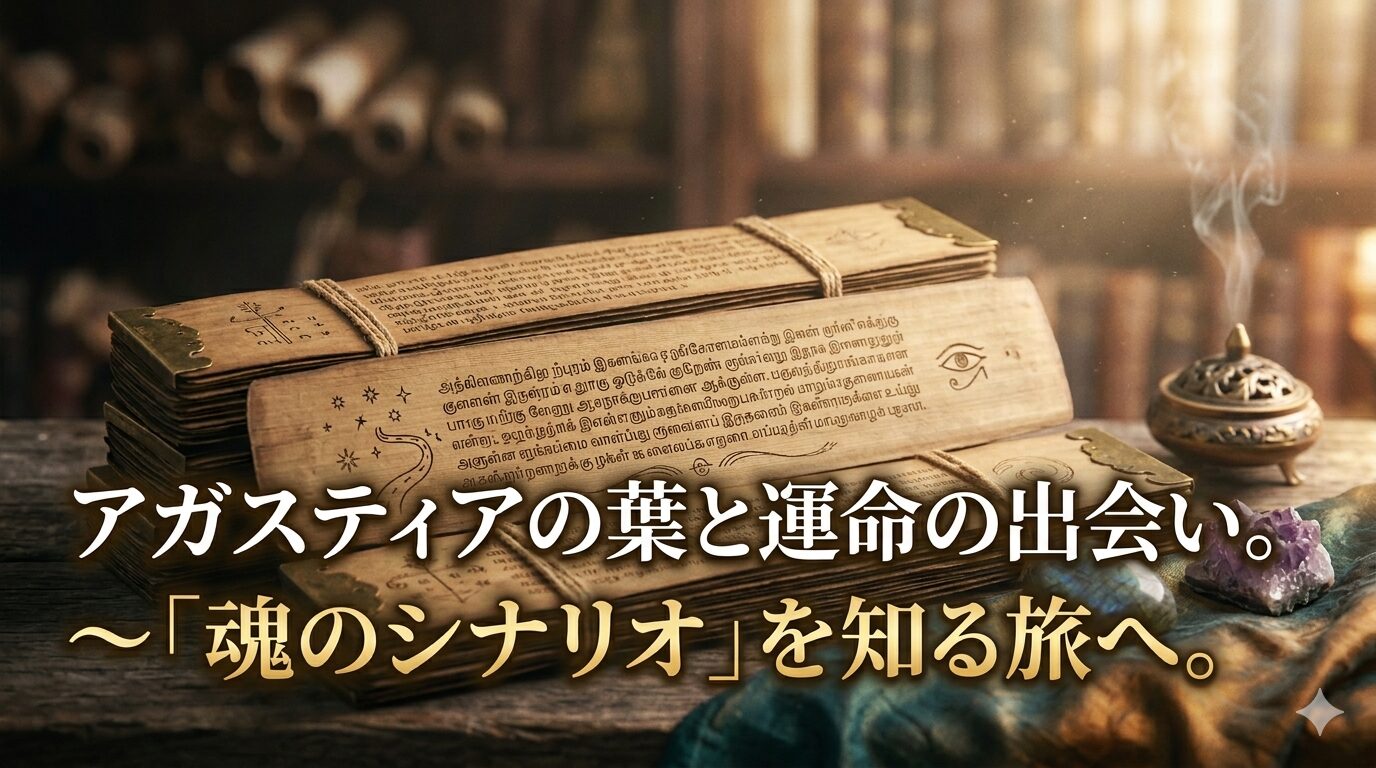 古代インドの神秘的な予言が刻まれたヤシの葉（アガスティアの葉）と、煙が立ち上るお香、パワーストーンが置かれた机の上の風景